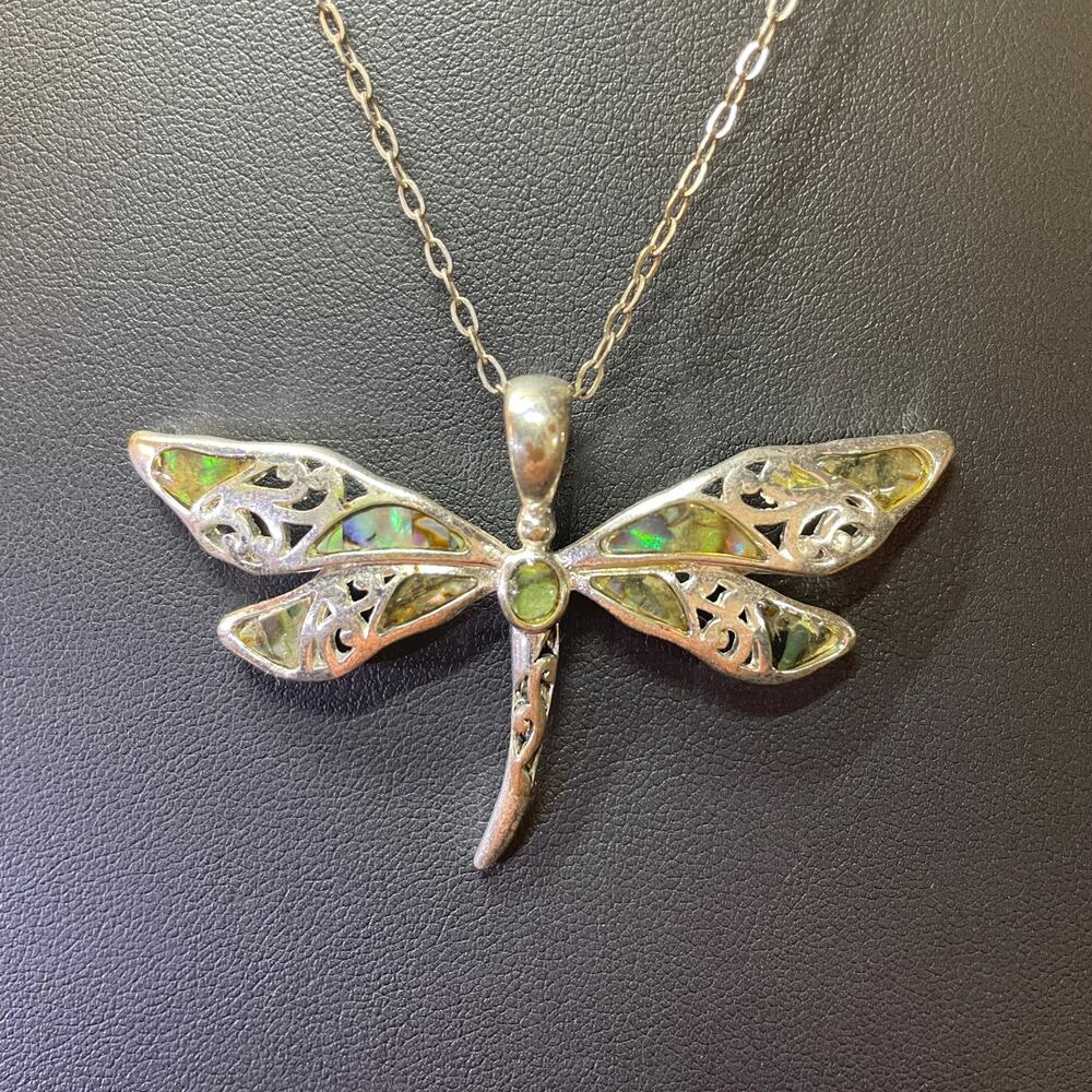 Dragonfly Mother of Pearl Abalone Shell Style Silver Necklace